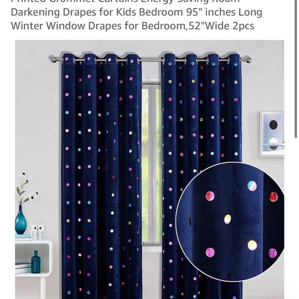 New Navy Velvet Grommet Curtains with Multicolor Polka Dots